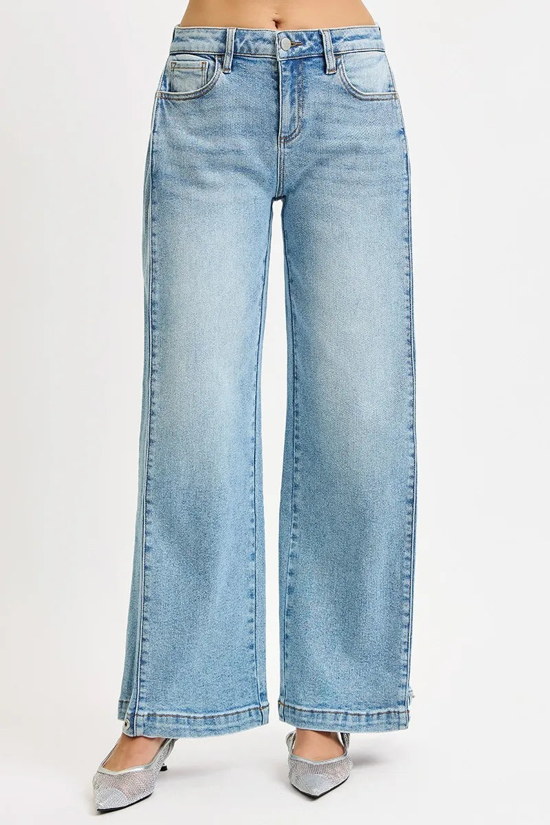 RISEN Medium Washed Mid Rise Wide Barrel Transferable Leg Snap Jeans