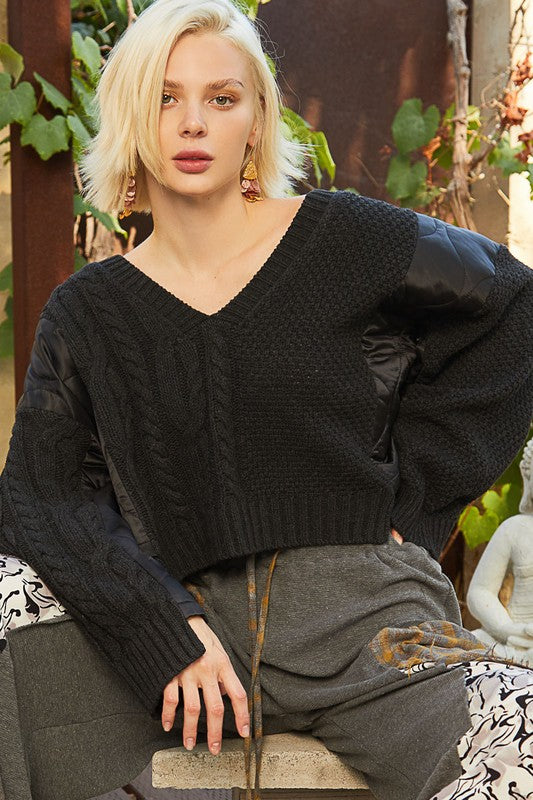POL Black Twist Knit Quilting Patch V-Neck Sweater Black