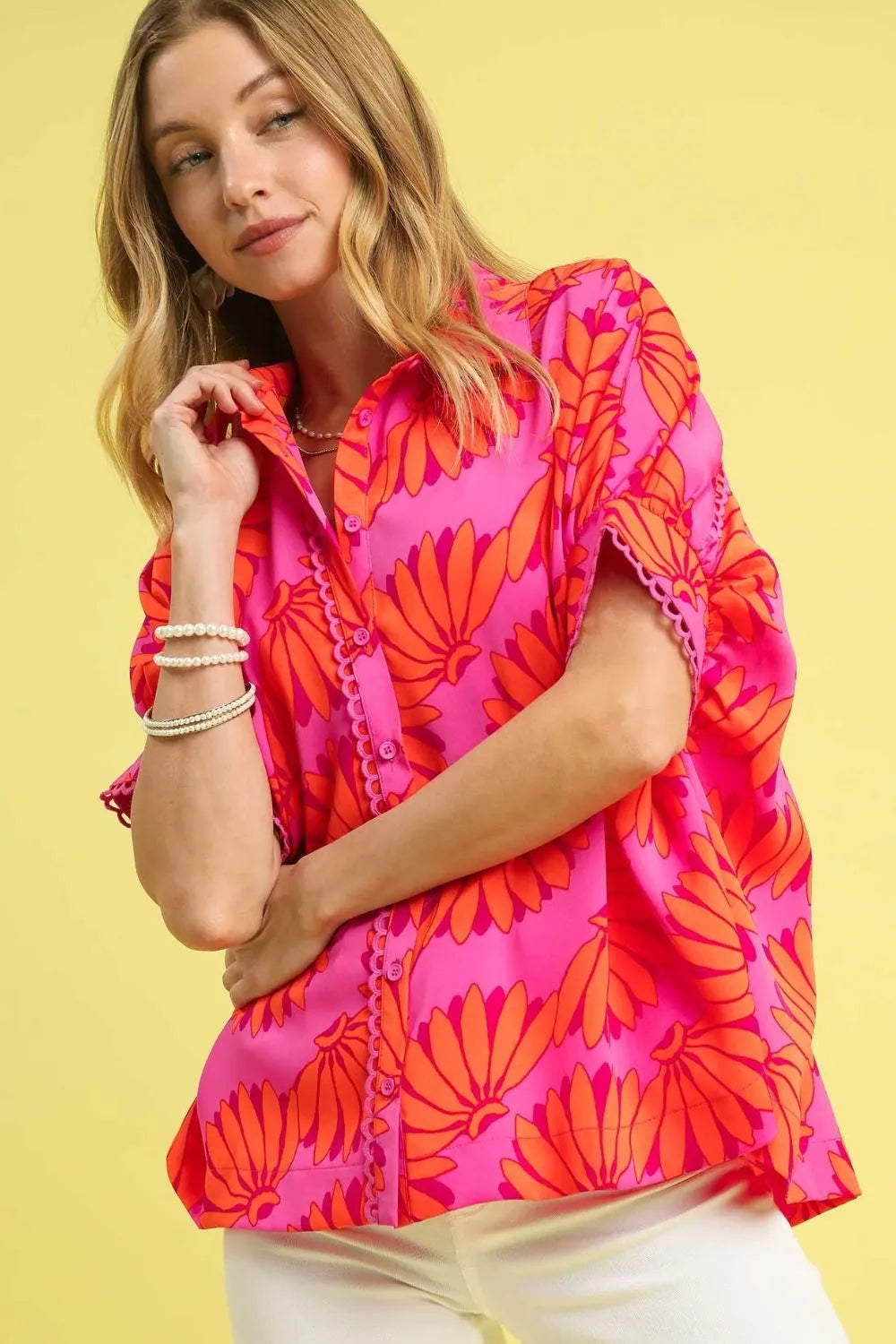 Umgee Hot Pink Neon Tropical Print Button-Up Shirt Hot Pink