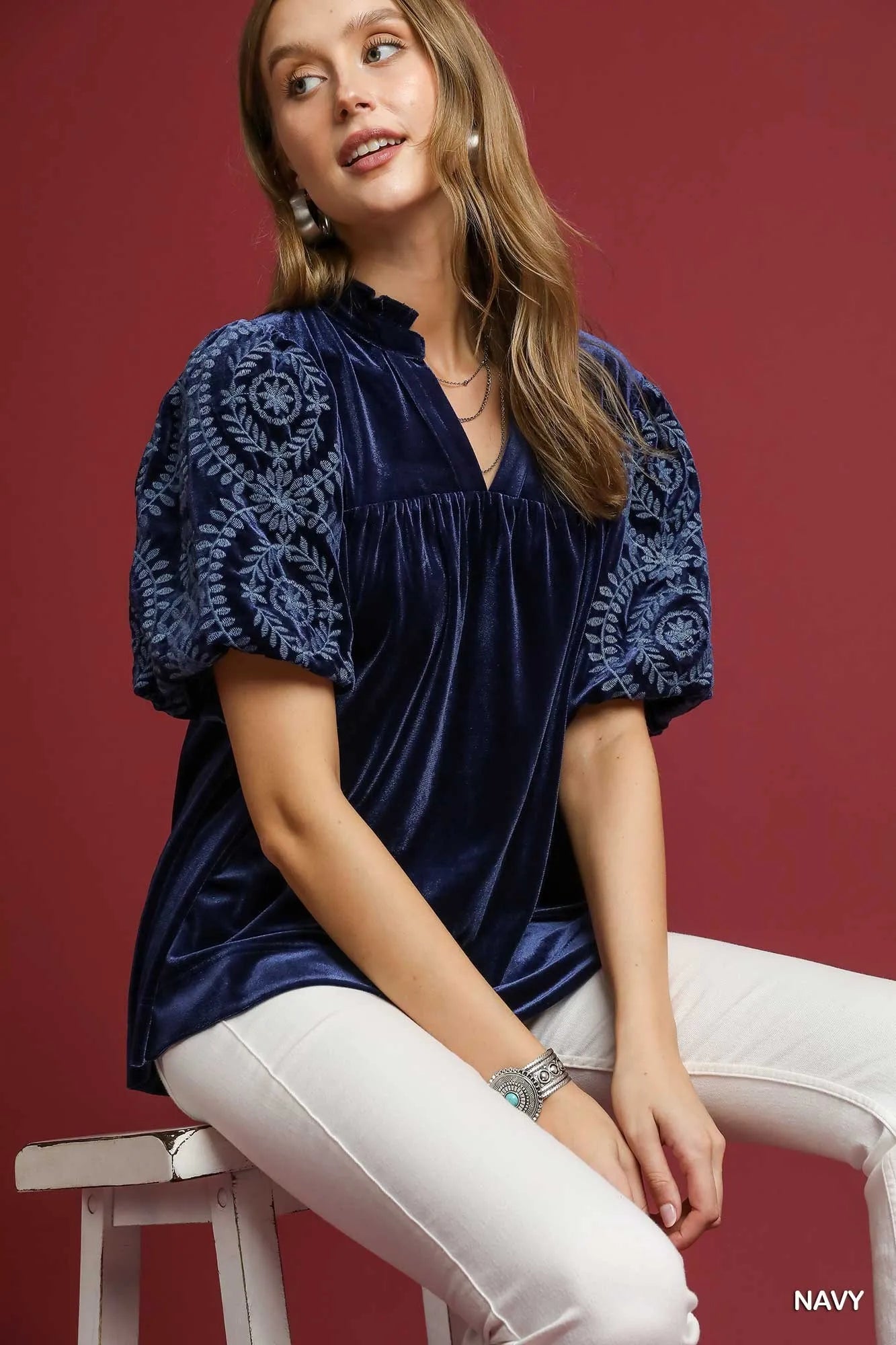 Umgee Navy Velvet Embroidered Sleeve Blouse