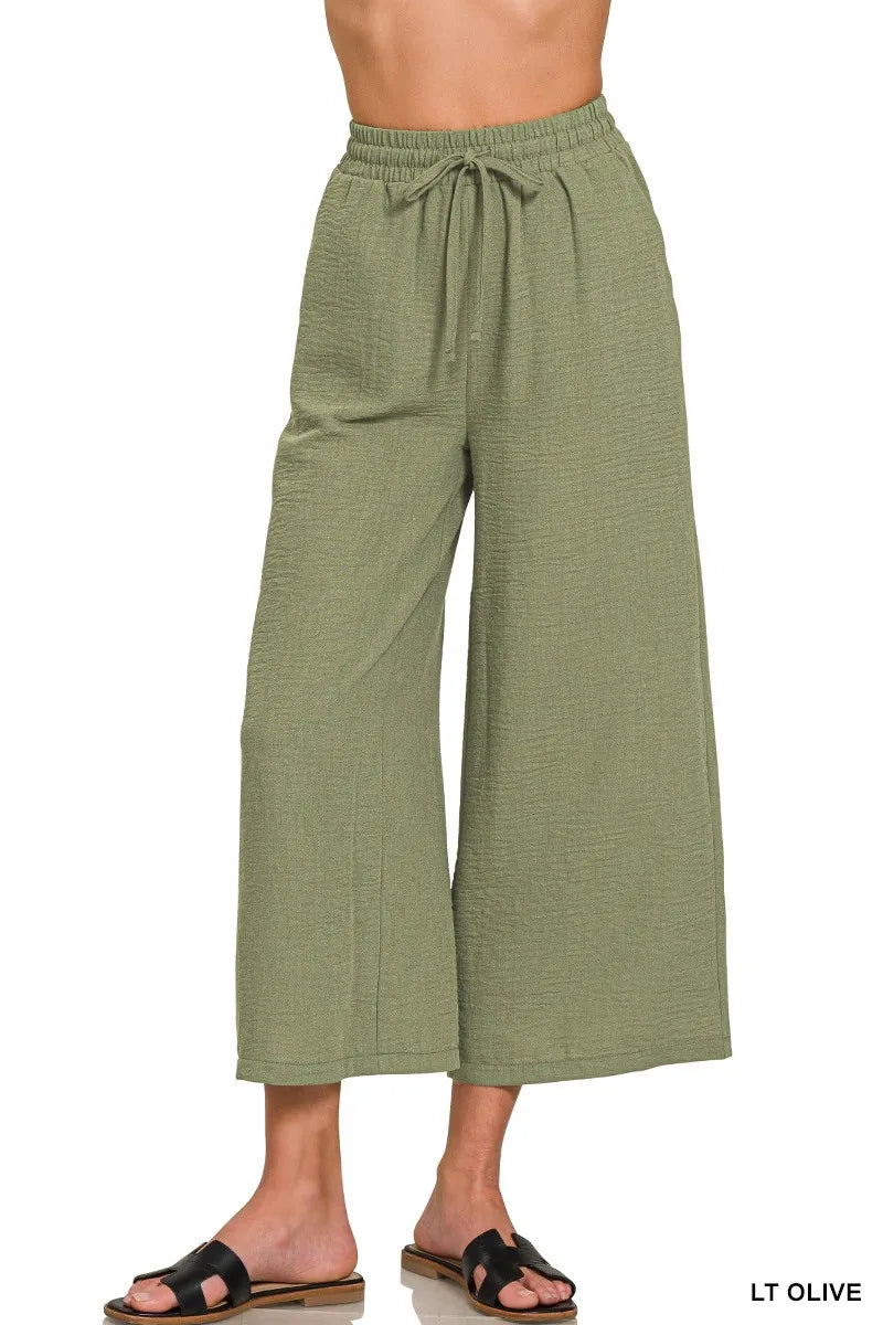 Zenana Light Olive Woven Crepe Elastic Band Waist Cropped Pants