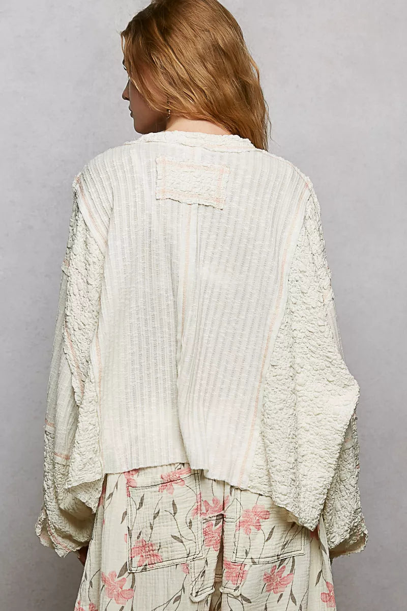 POL Off White V-Neck Long Sleeve Top with Stitch Detail