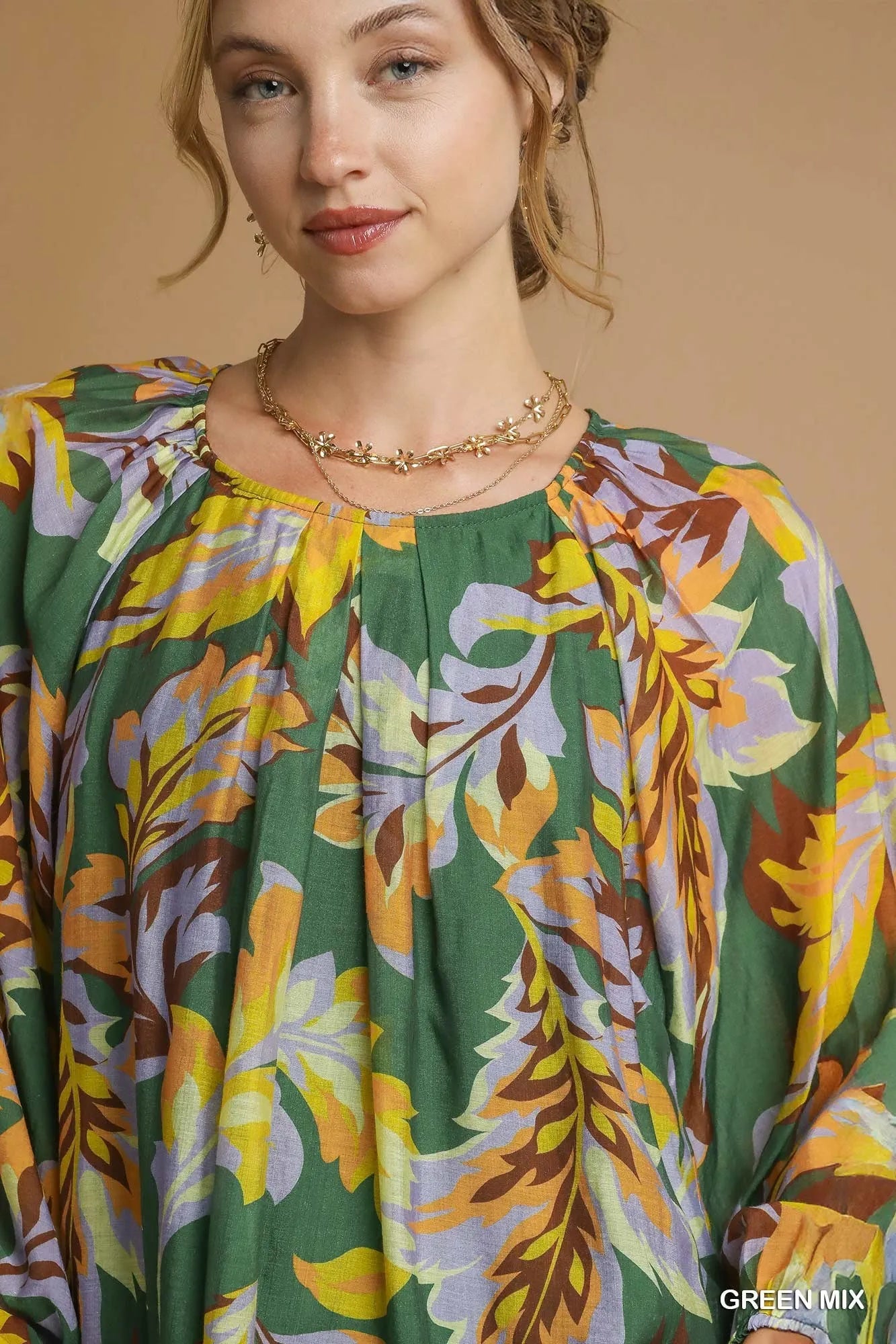 Umgee Green Mix Abstract Print Balloon Sleeve Blouse