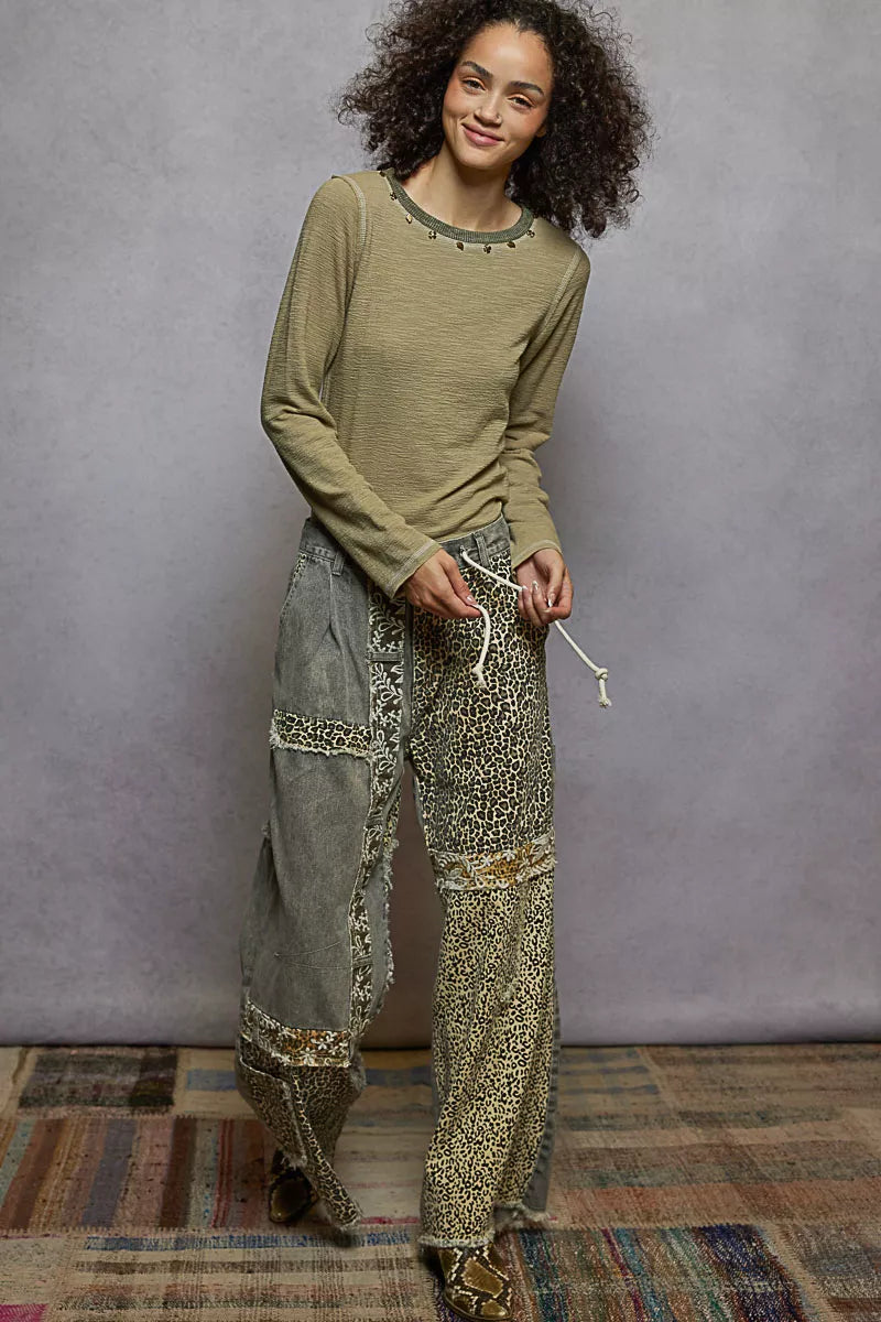 POL Olive Round Neck Long Sleeve Contrast Stitching T-Shirt with Stud Detail