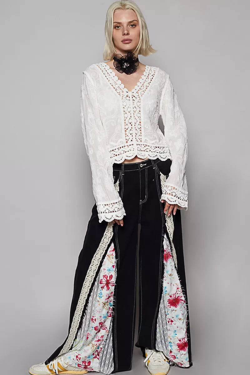 POL Long Sleeve Cropped Crochet Top with Floral Embroidery Detail