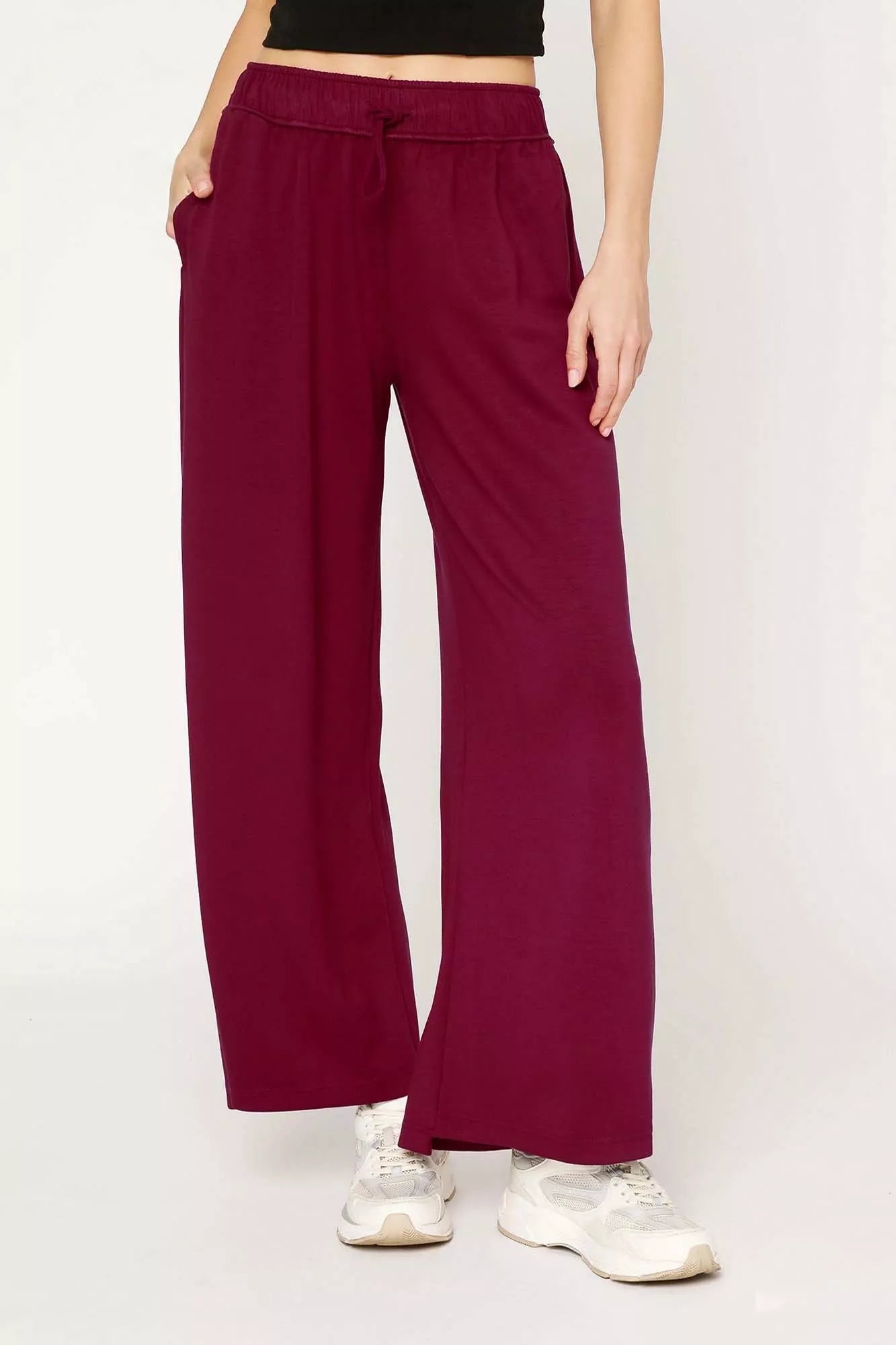 Umgee Elastic Drawstring Waistband Wide Leg Pants – Merlot MERLOT