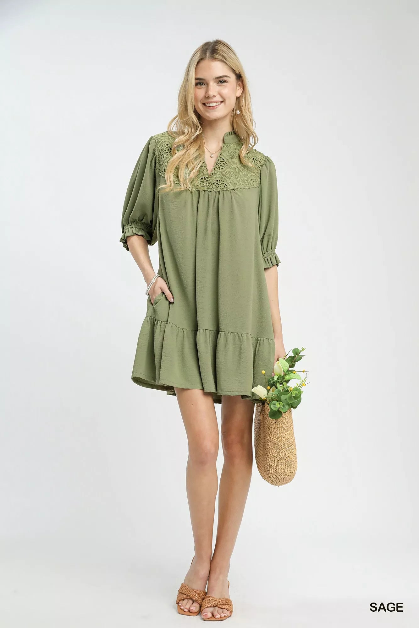 Umgee Sage Lace Yoke Tiered Mini Dress