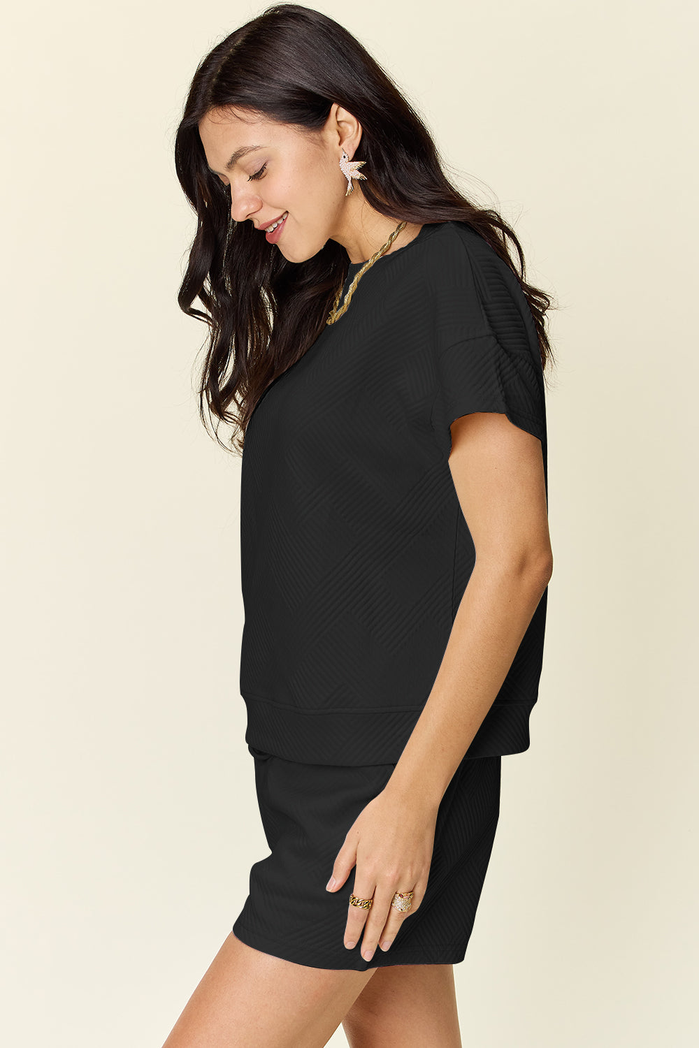 11 Colors- Double Take Quilted Textured Short Sleeve T-Shirt and Drawstring Shorts Set Loungewear