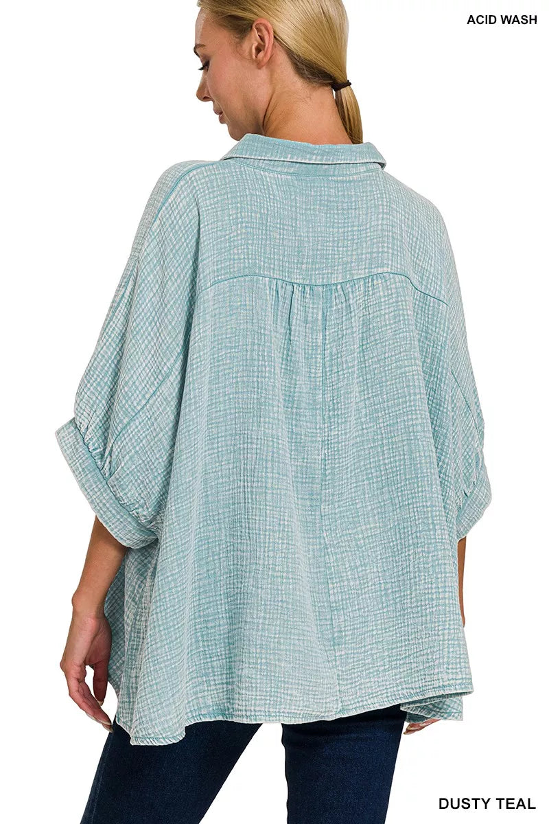 Zenana Washed Double Gauze Button Down Half Sleeve Shirt – Dusty Teal