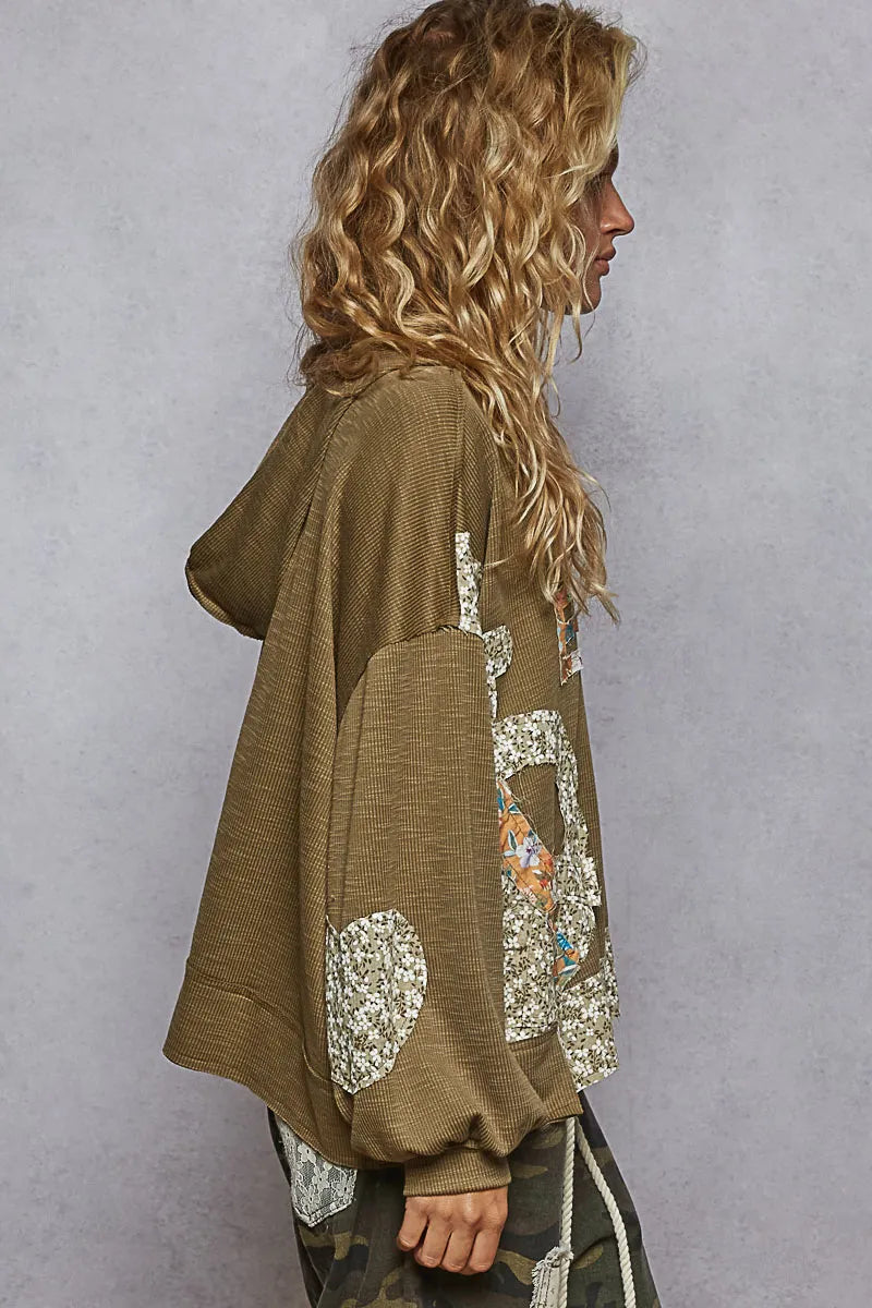 POL Olive Peace Contrast Patch Floral Long Sleeve Hoodie