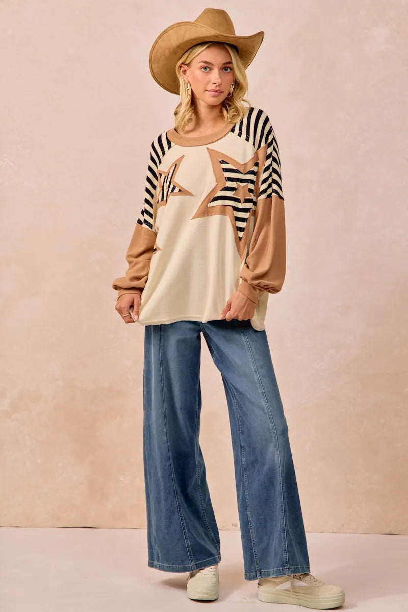 BiBi Star Patchwork Mixed Long Sleeve Top