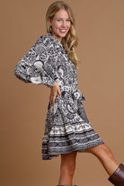 Umgee Black Two Tone Floral Border Print Tie Waist Mini Dress