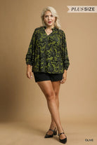 Umgee Olive Floral Velvet Burnout Blouse with Balloon Sleeves
