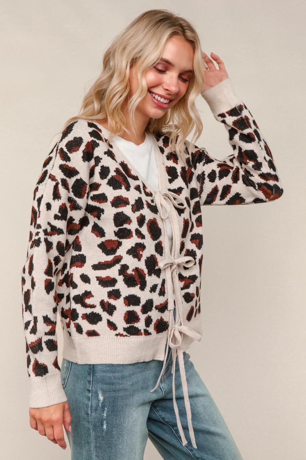 Haptics Leopard Jacquard Cardigan with Front Bow Detail