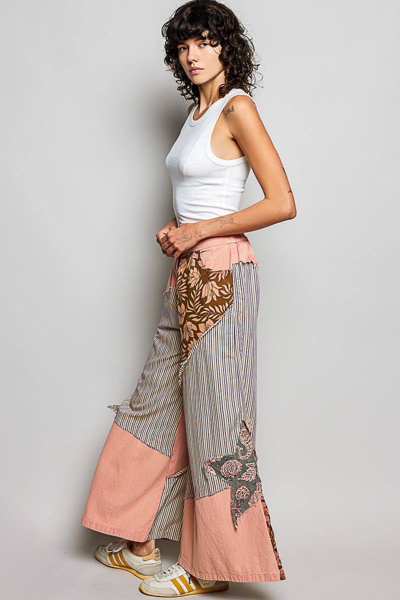POL Peach Multi Striped Floral Patchwork Wide leg Pants with Side Big Star Patch
