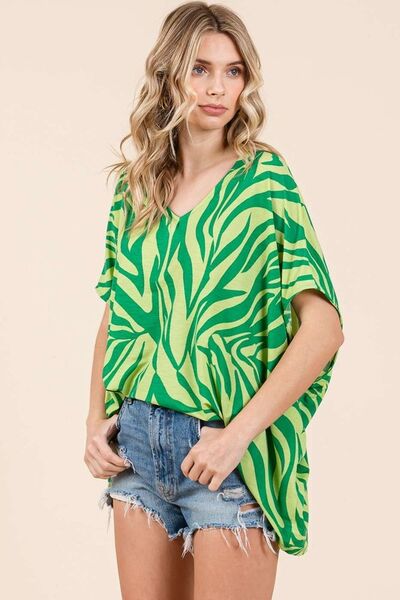 Mittoshop Green Zebra Print V-Neck Short Sleeve Oversized Top