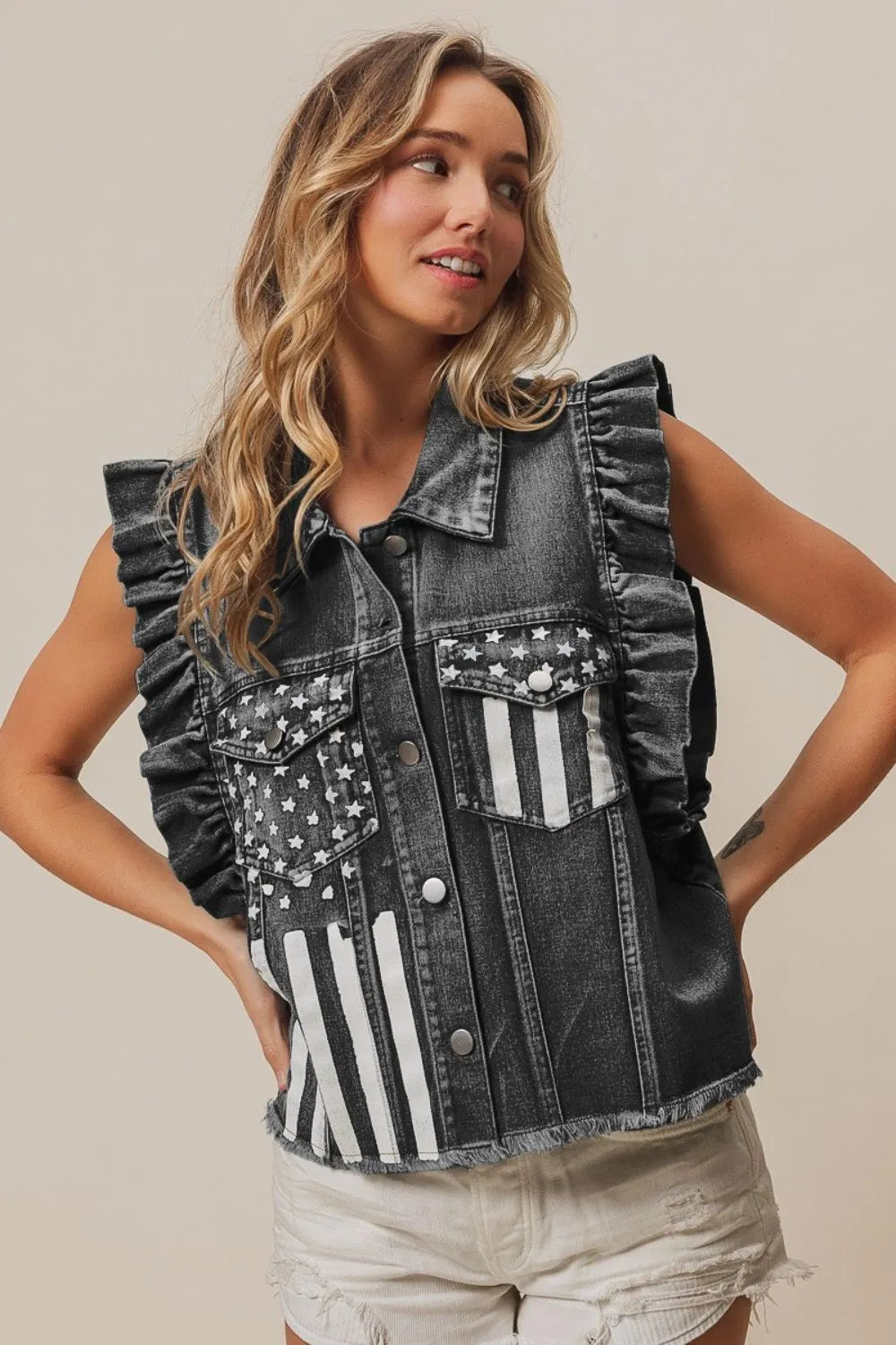 BiBi American Flag Washed Denim Jacket BLACK CHARCOAL