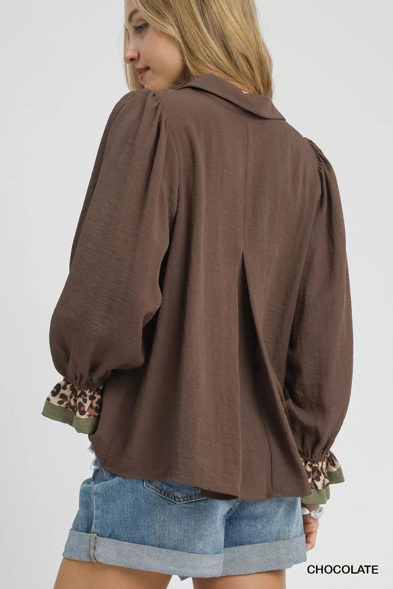 Umgee Chocolate Half Button Blouse with Leopard Print Trim