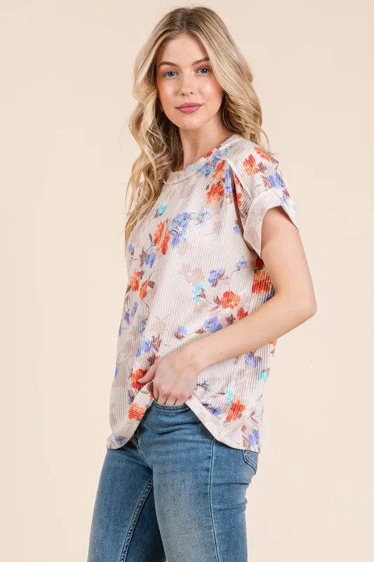 BOMBOM Floral Round Neck RIbbed T-Shirt