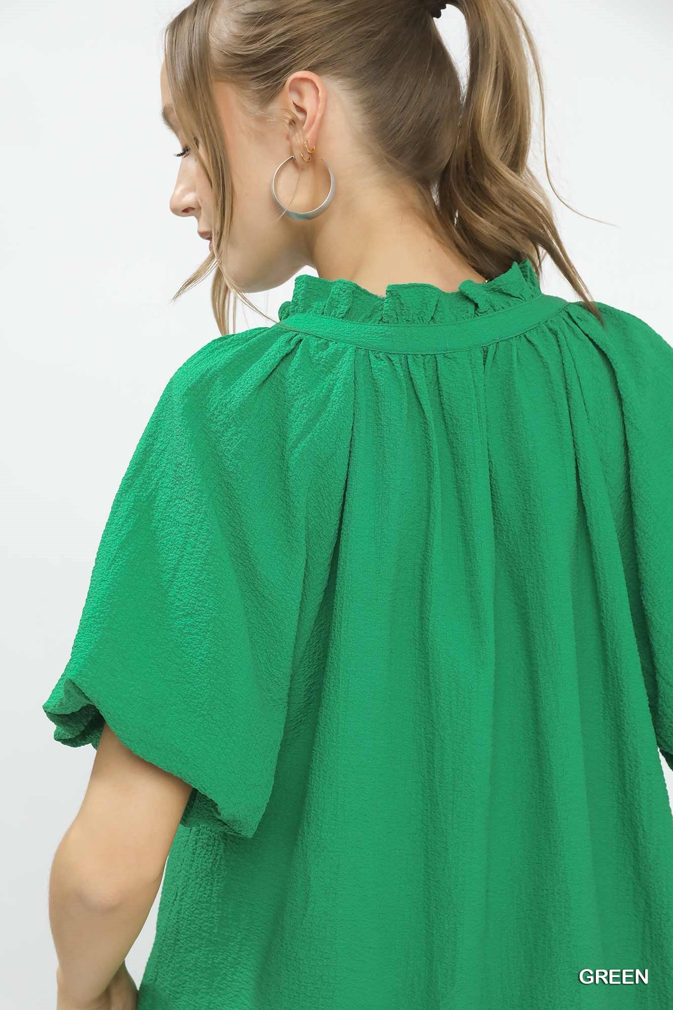 Umgee Green Puff Sleeve Ruffle Neck Tunic Blouse