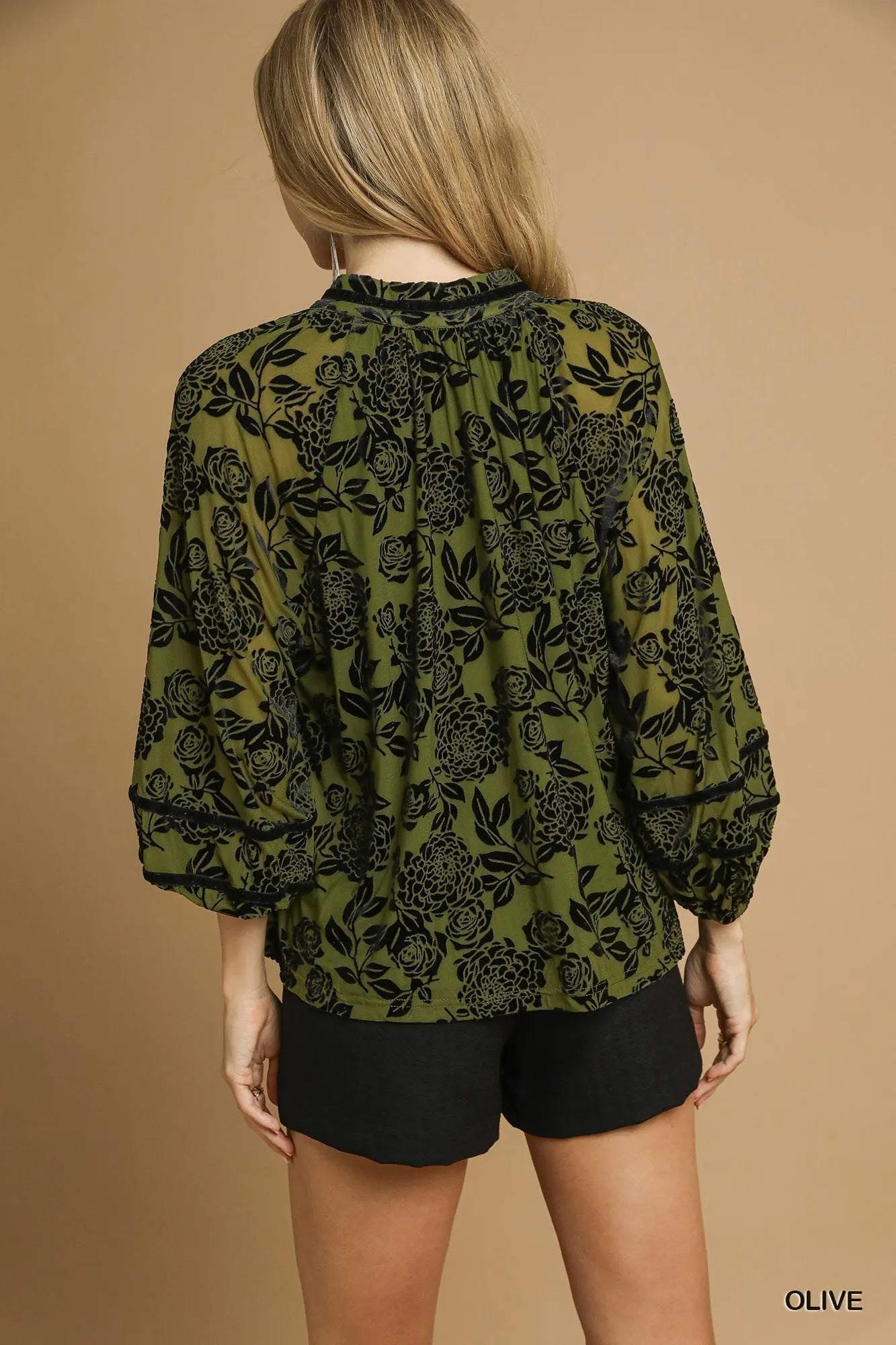 Umgee Olive Floral Velvet Burnout Blouse with Balloon Sleeves