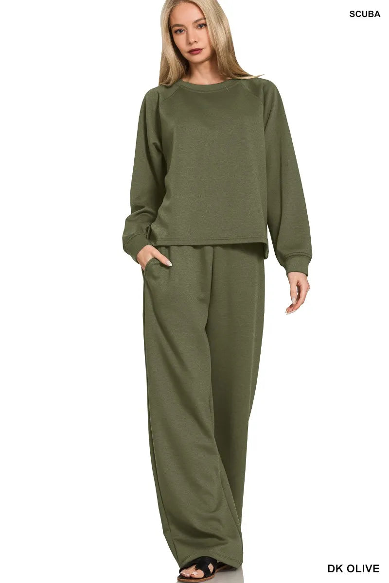 Zenana Dark Olive Scuba Crewneck Pullover and Pants Set