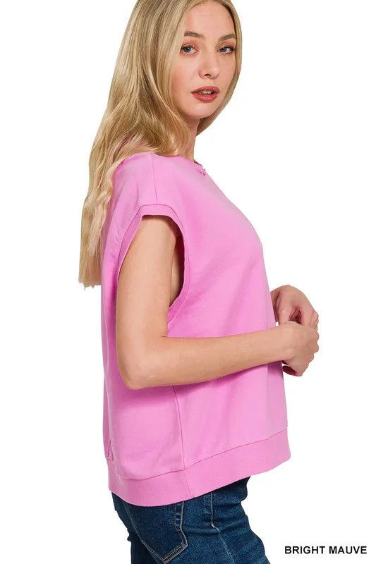 Zenana Sand Beige French Terry Round Neck Cap Sleeve T-Shirt