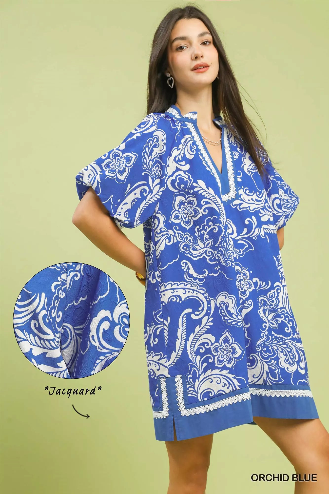 Umgee Orchid Blue Jacquard Two Tone Mini Dress