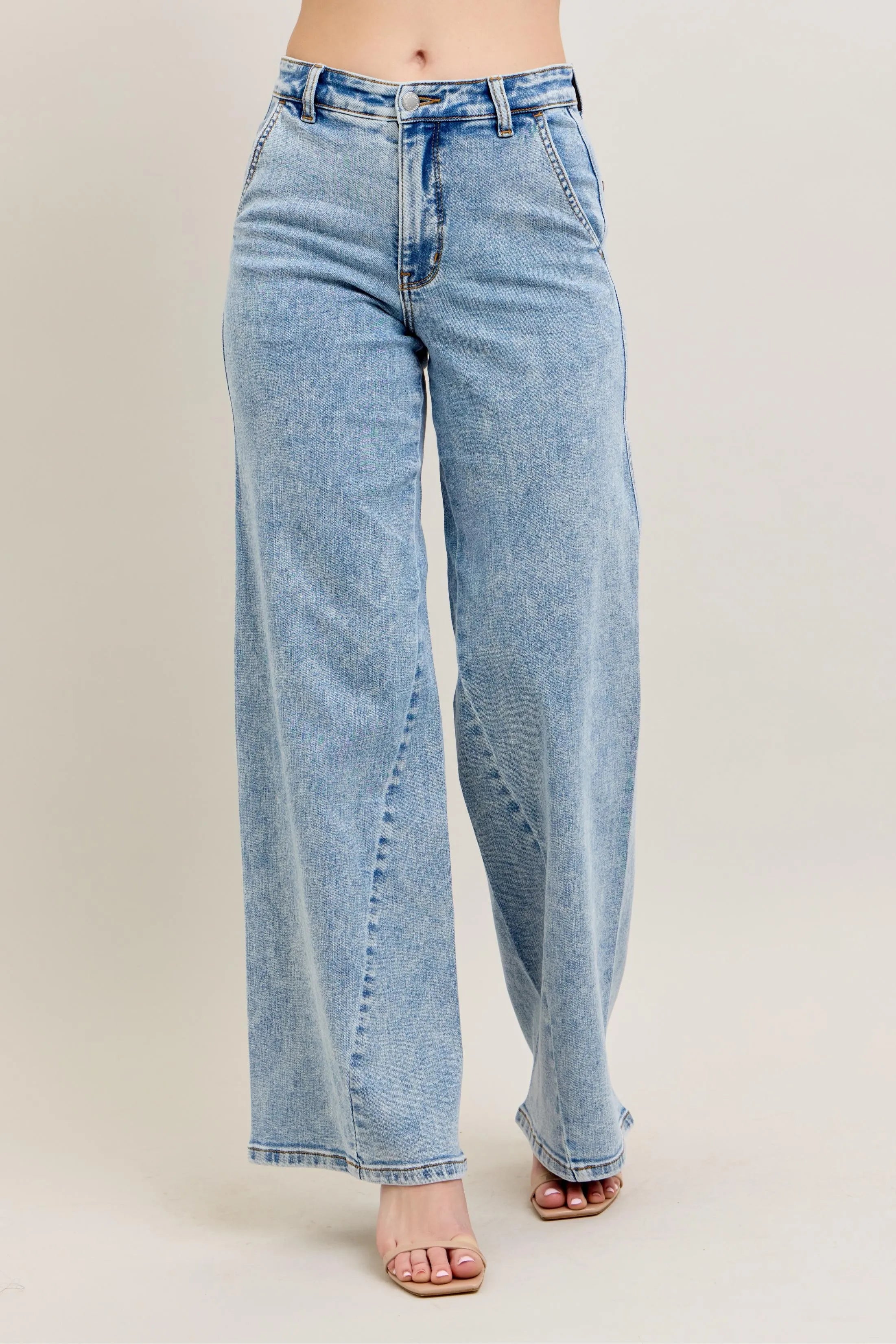 Judy Blue Light Washed High Waist Wide Leg Jeans with Skewed Inseam LT