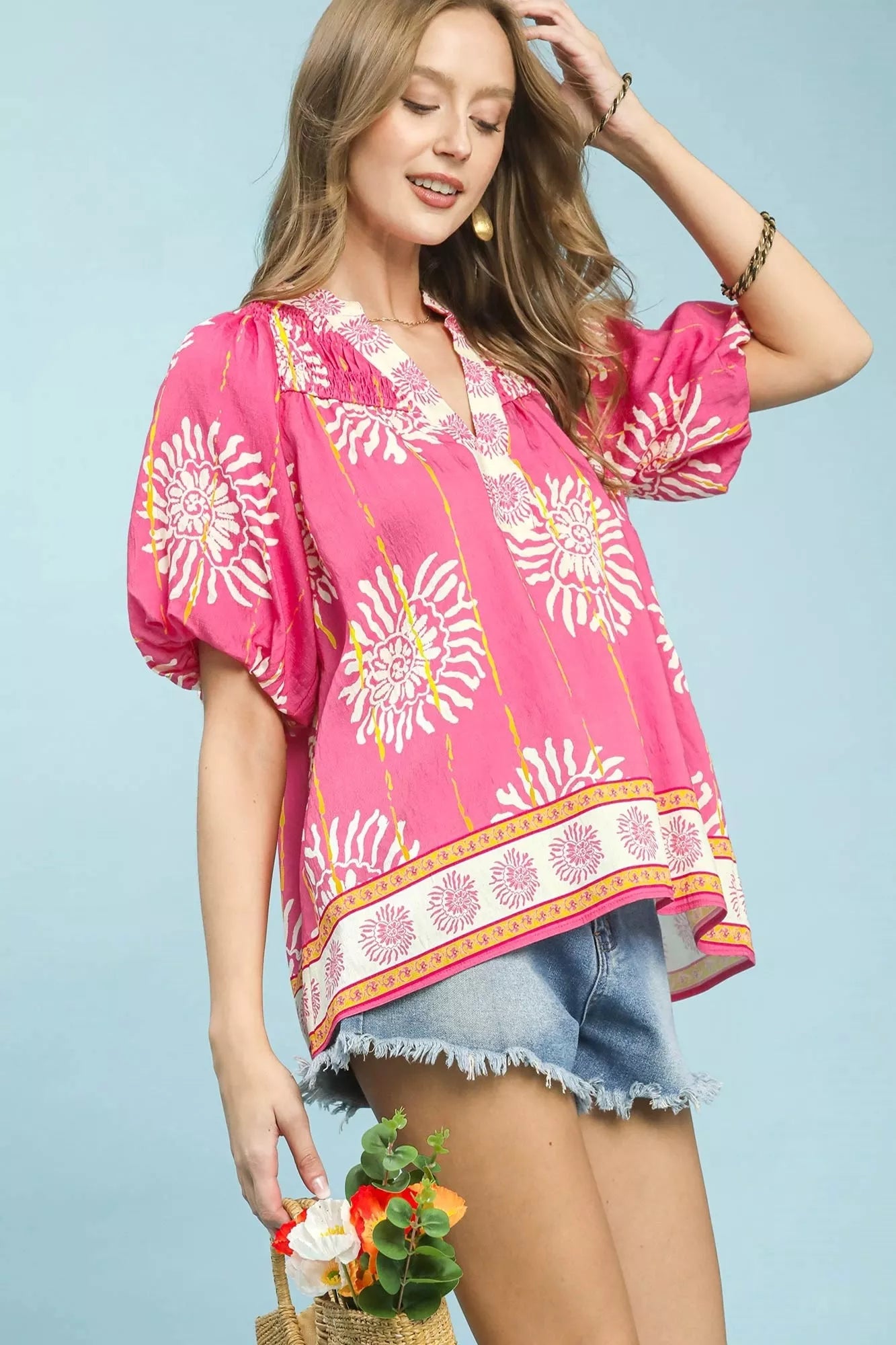 Umgee Pink Floral Border Smocked V-Neck Boho Blouse