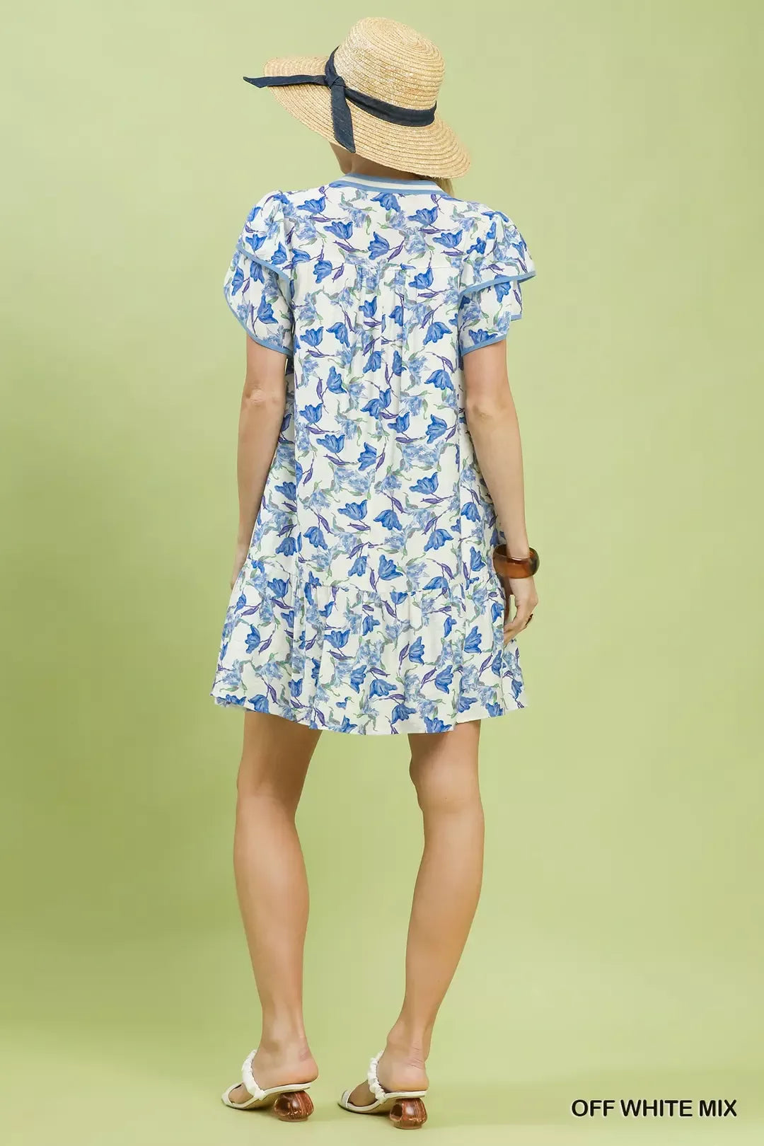 Umgee Off White Mix Floral Flutter Sleeve Tiered Dress