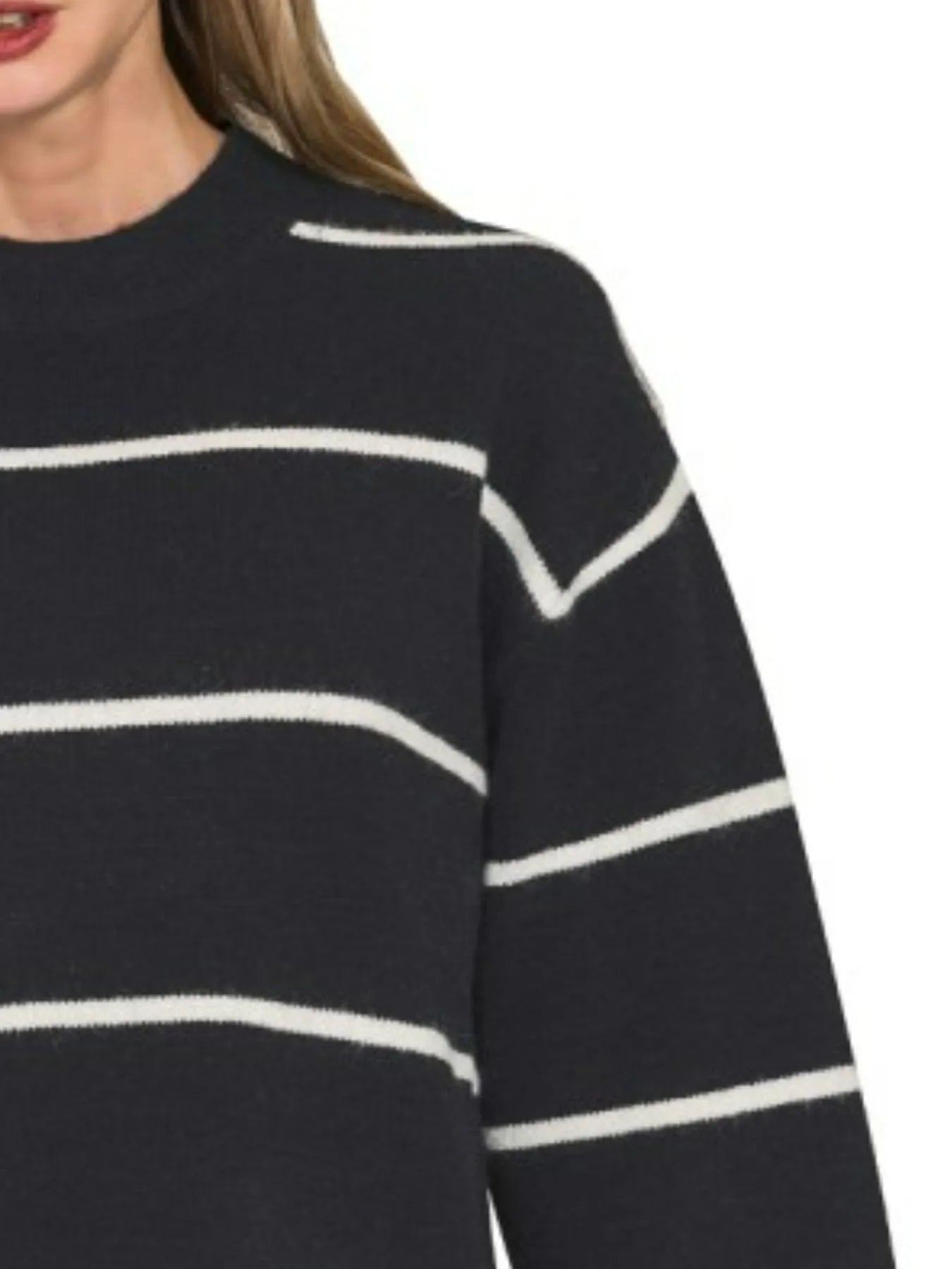 Zenana Black & Ivory Round Neck Stripe Sweater