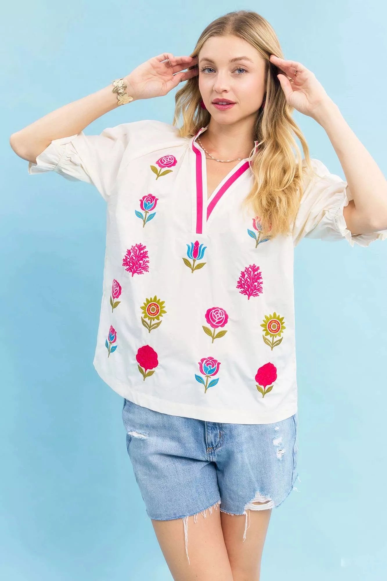 Umgee Embroidered Floral Top with Contrast Trim ECRU