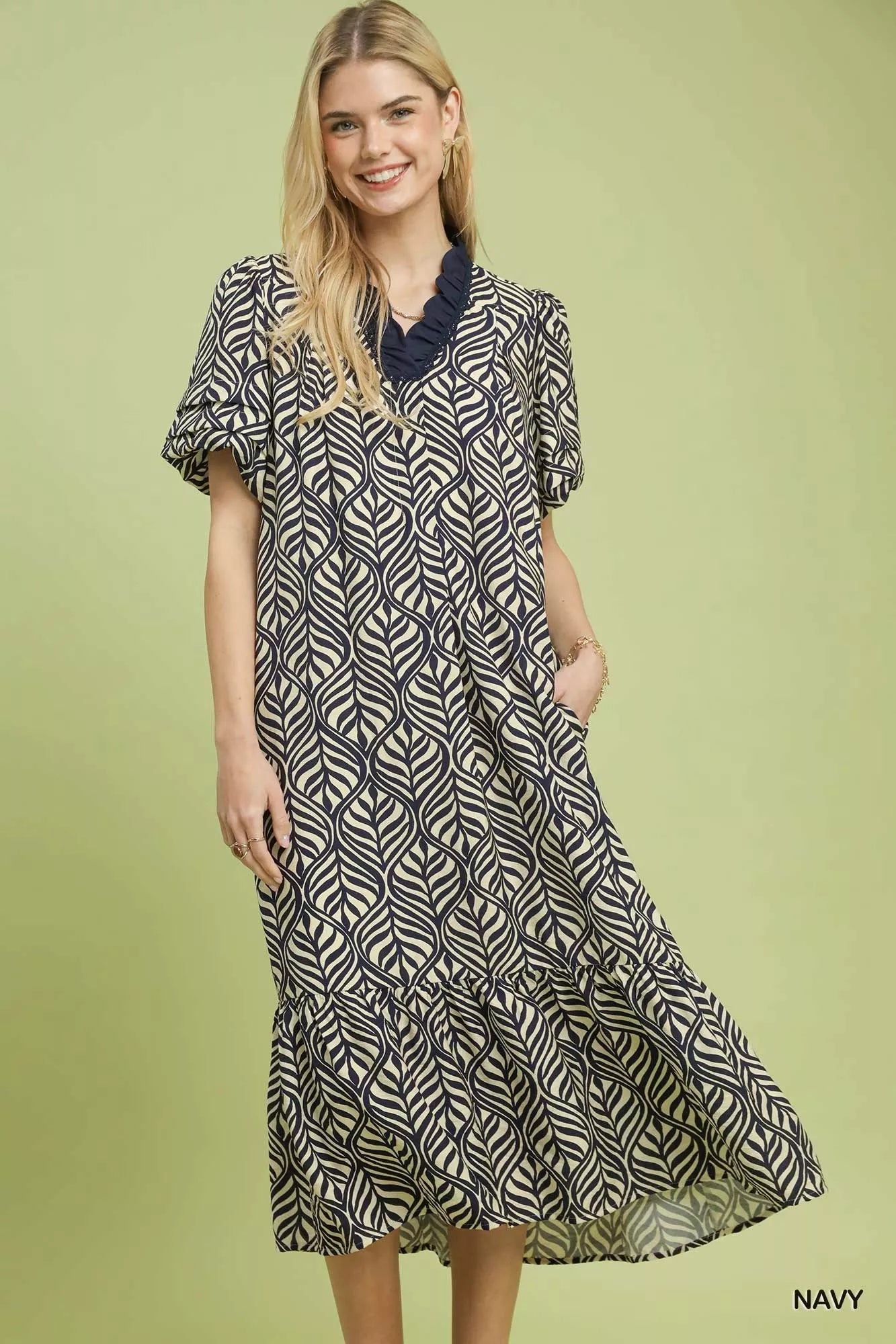 Umgee Navy Leaf Print Ruffle Neck Midi Dress NAVY