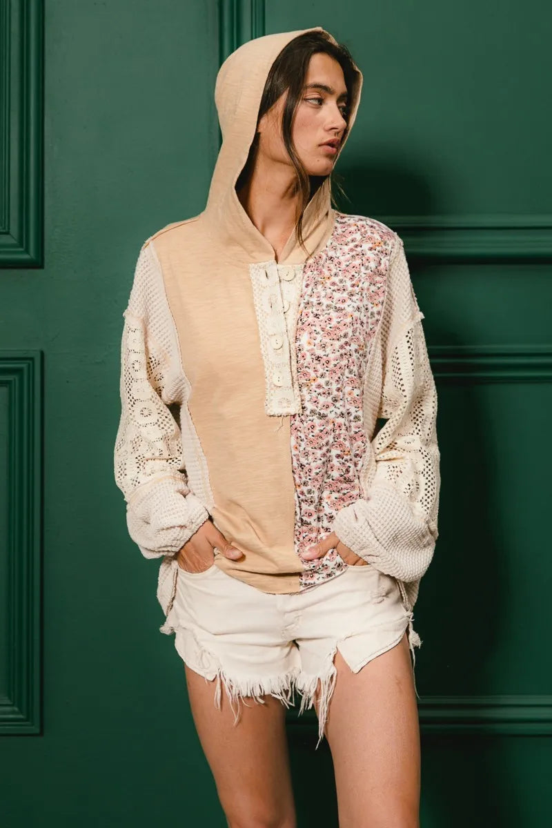BiBi Taupe Slub Jersey with Lace Combo Buttoned Hoodie Top