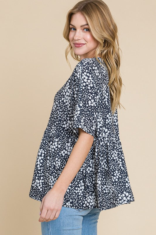 BOMBOM Black Floral Round Neck Peplum Blouse