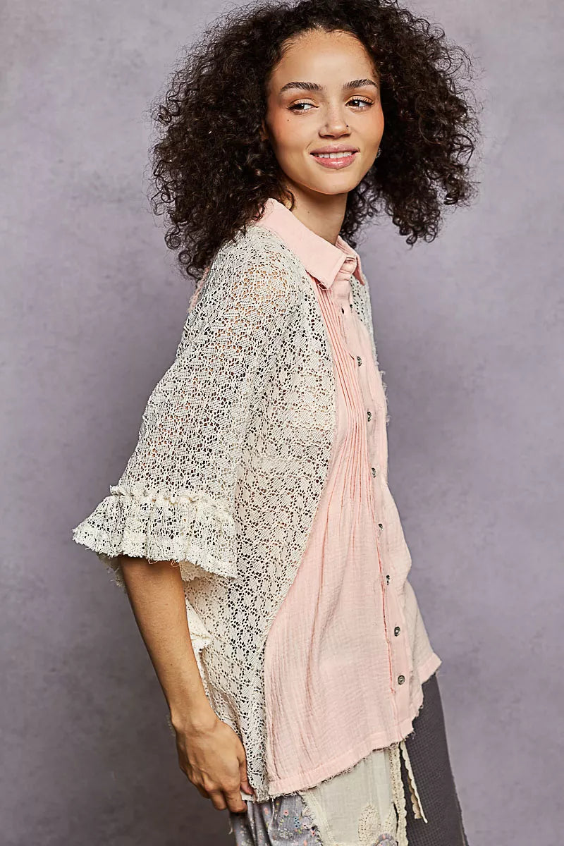POL Baby Pink Button Down Front Pleated Shirt with Crochet Patch