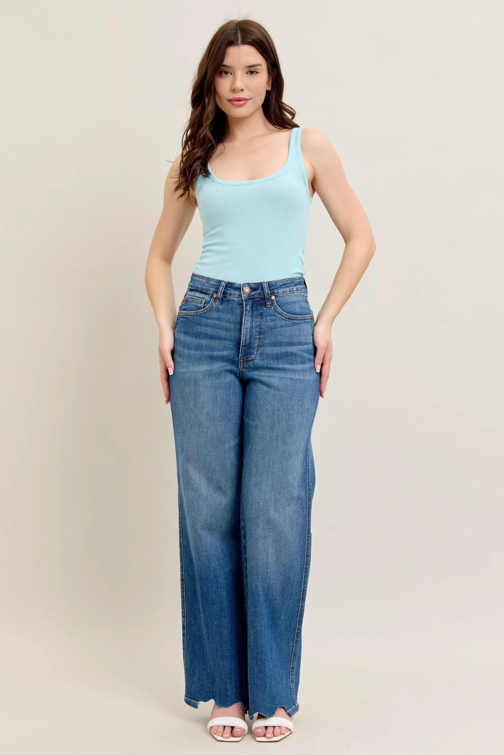 Judy Blue Medium Washed High Waist Tummy Control Chew Hem Destroyed Wide Jeans