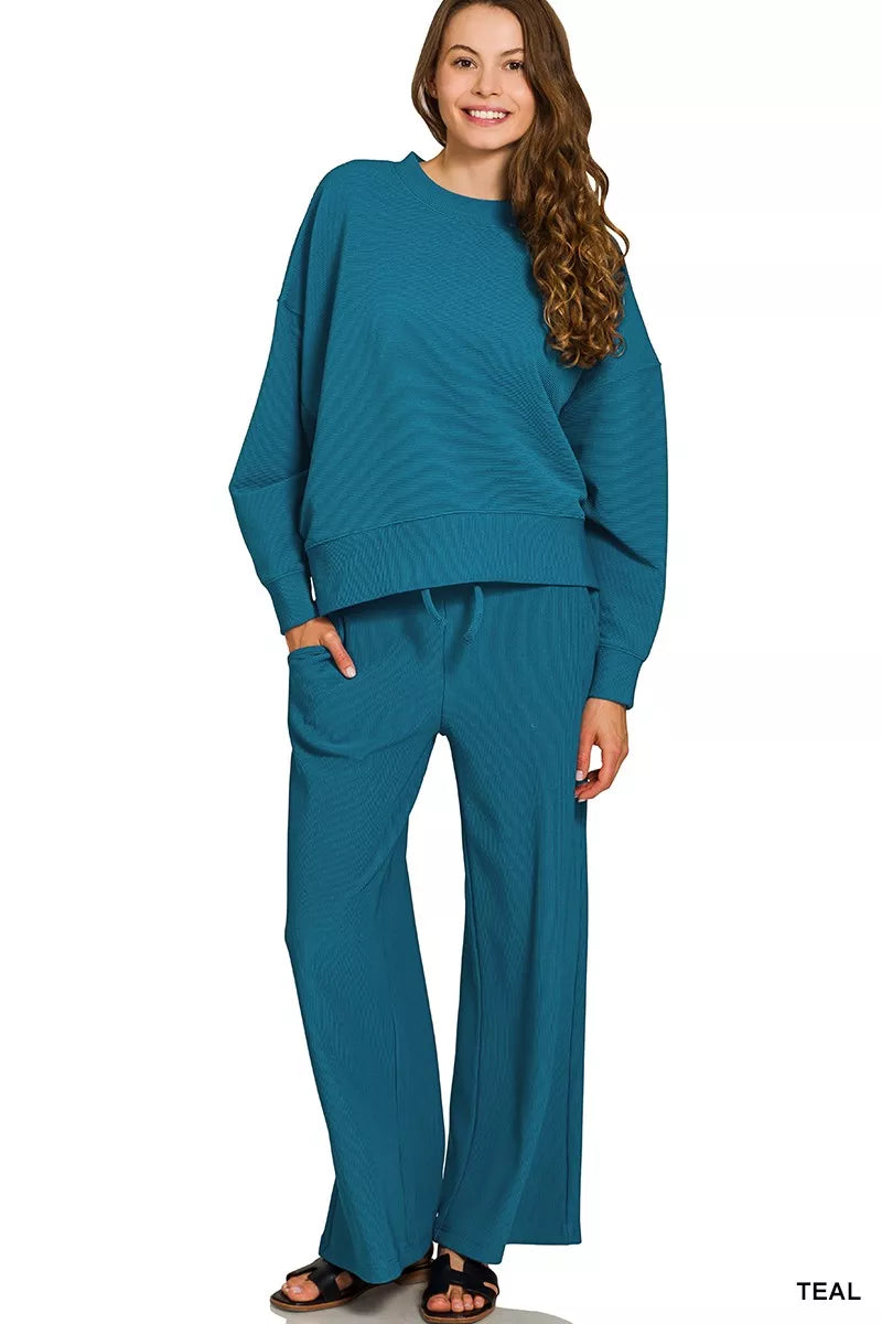 Zenana Teal Ribbed Round Neck Pullover and Drawstring Pants Set