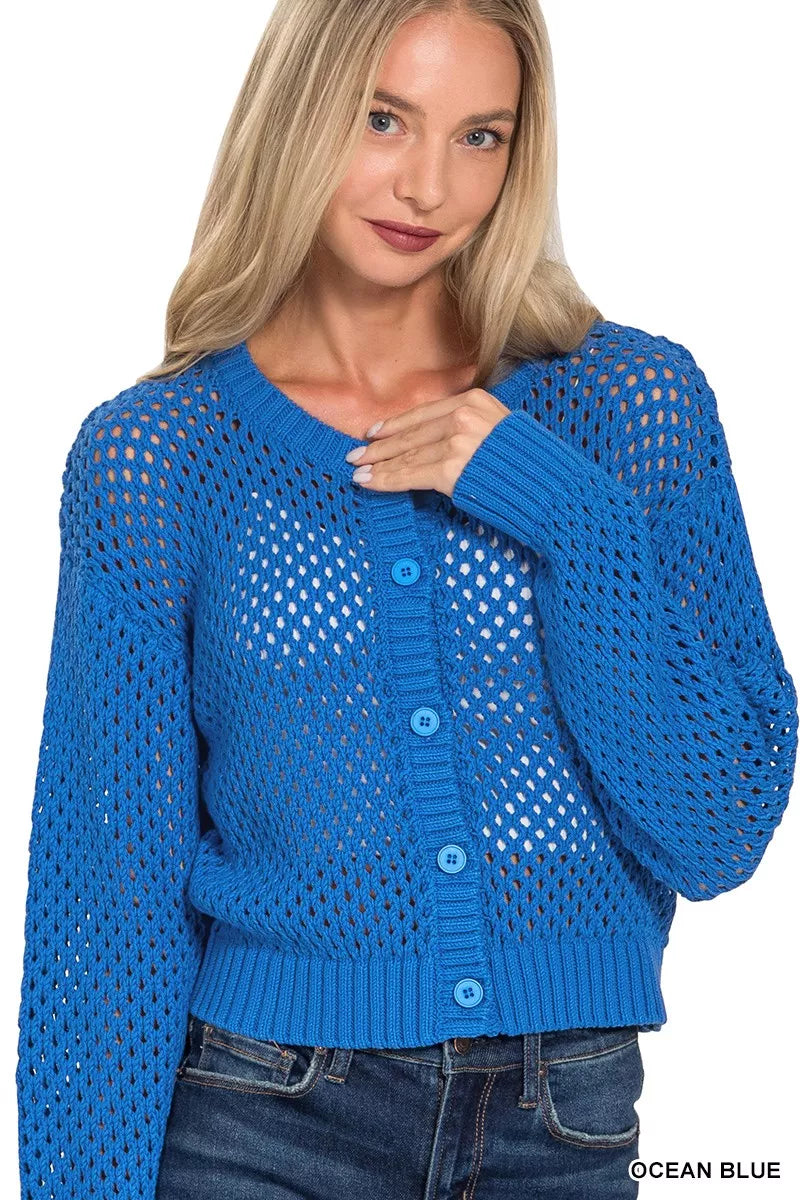 Zenana Ocean Blue Button Down Lightweight Crochet Cardigan Sweater OCEAN BLUE