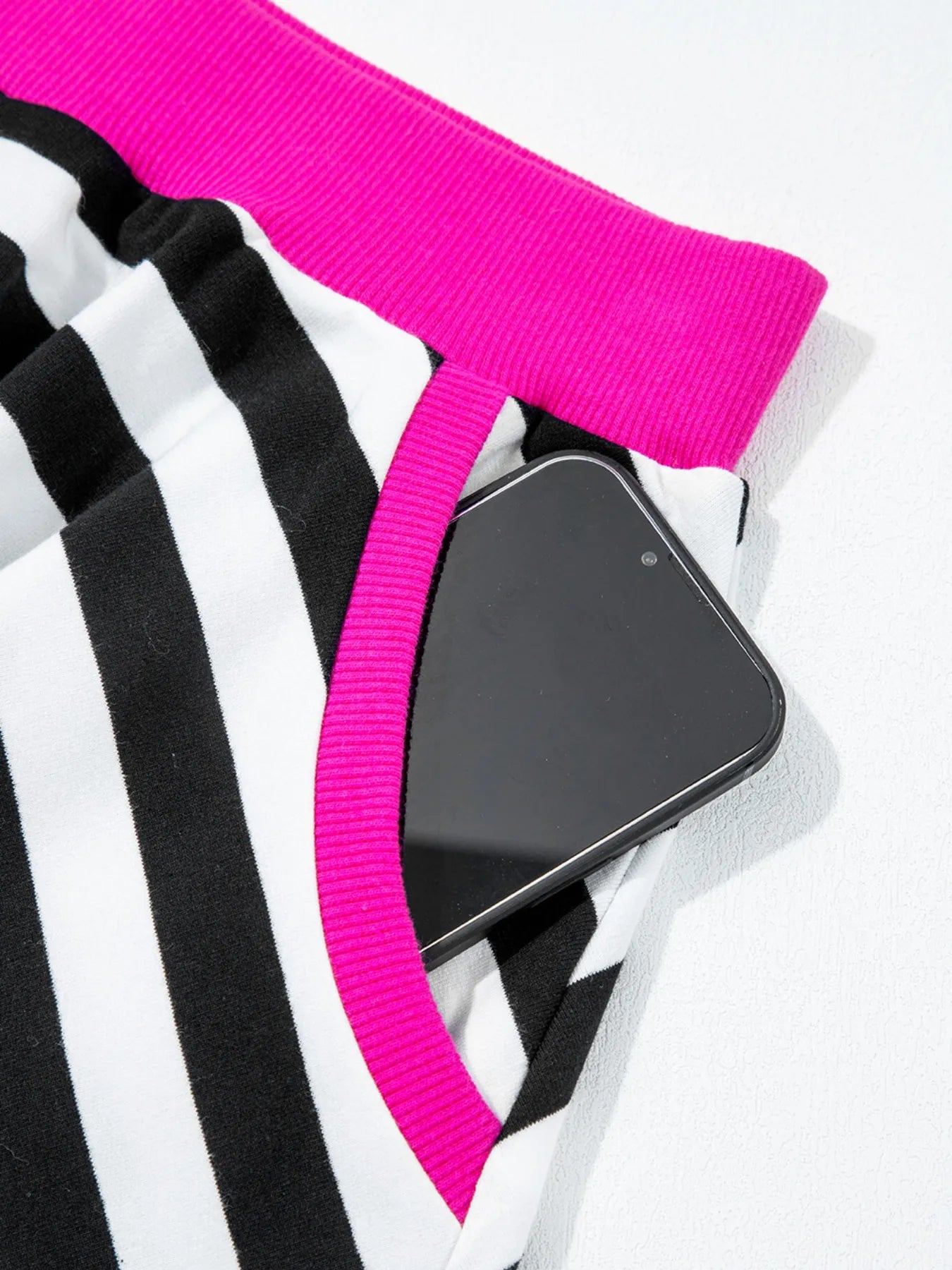 Preorder Black & White Stripe Contrast Ribbed Banding Long Sleeve Blouse and Loose Shorts Set