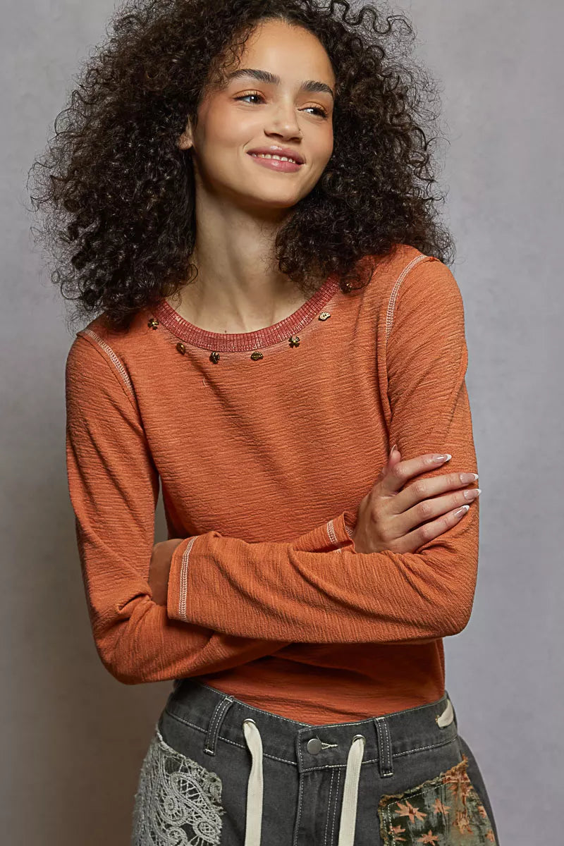 POL Dried Apricot Round Neck Long Sleeve Contrast Stitching T-Shirt with Stud Detail