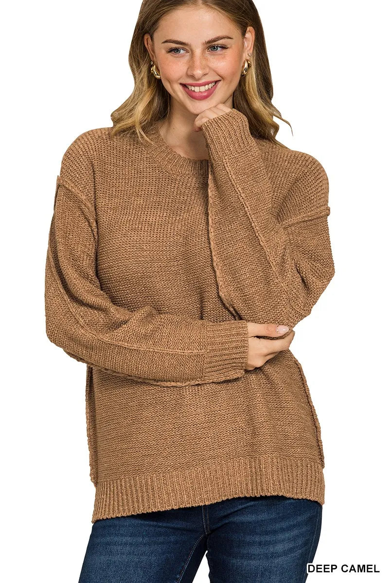 Zenana Deep Camel Exposed Seam Round Neck Sweater DEEP CAMEL