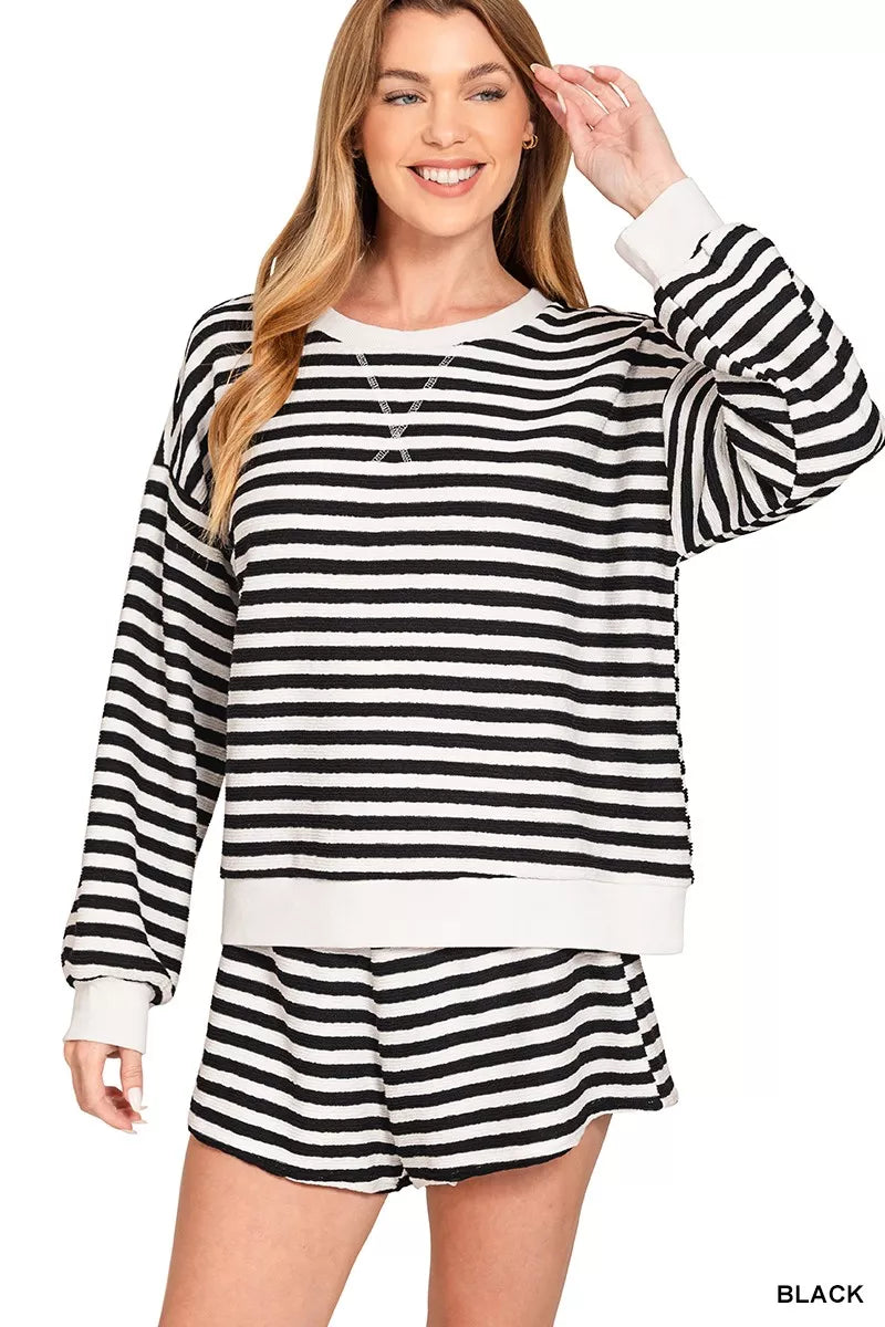 Zenana Black Striped Long Sleeve Top and Shorts Set