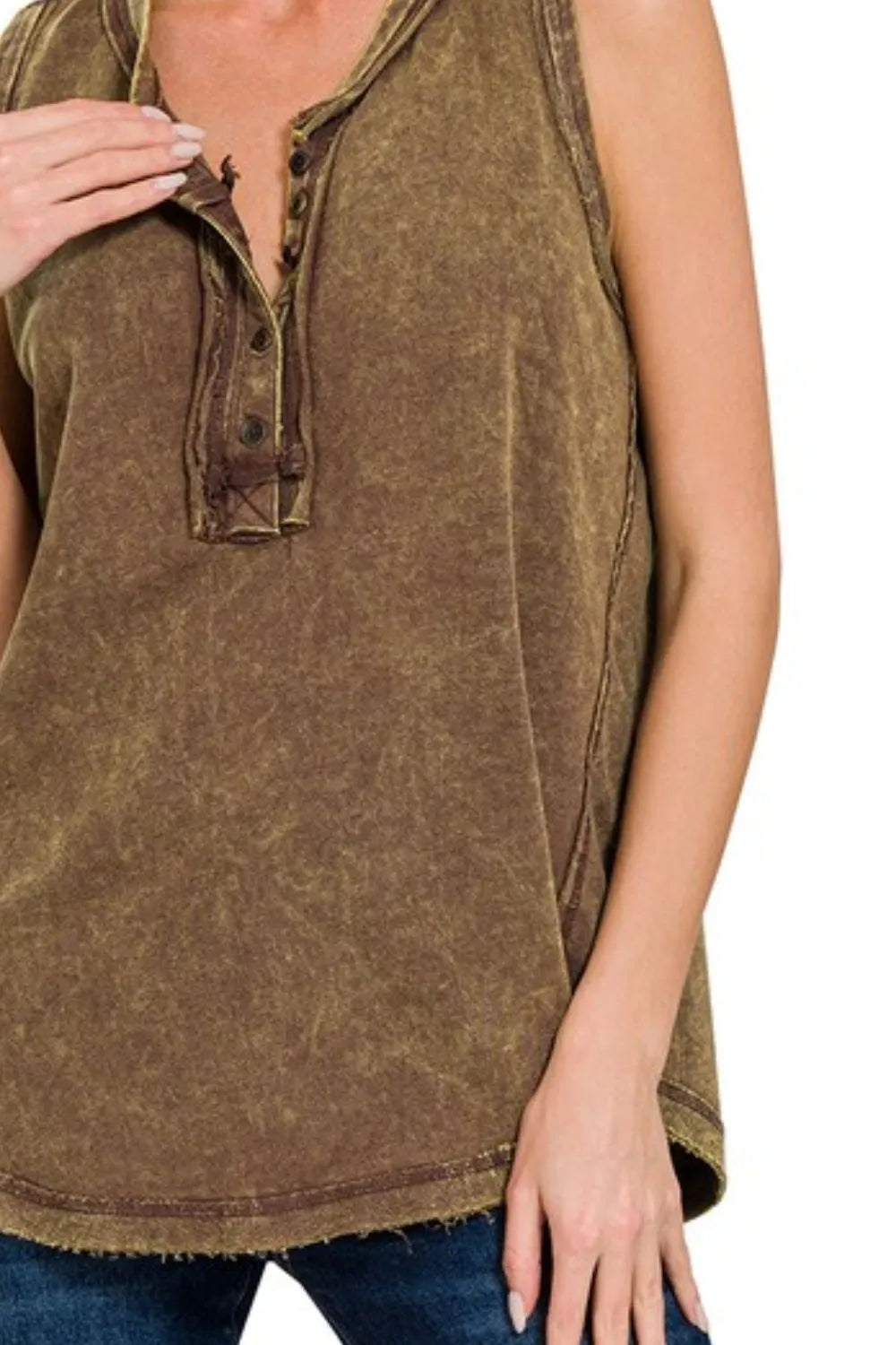 Zenana Mahogany Washed Half-Button Raw Edge Sleeveless Henley Top