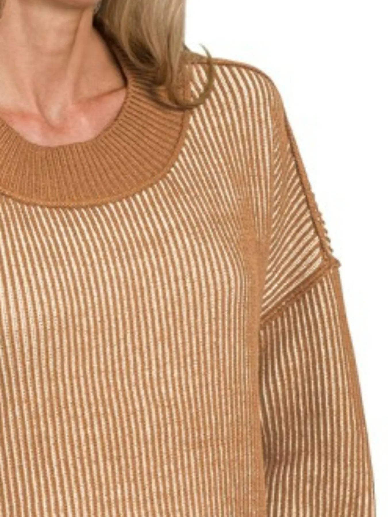 Zenana Deep Camel Exposed Seam Two Tone Ribbed Sweater