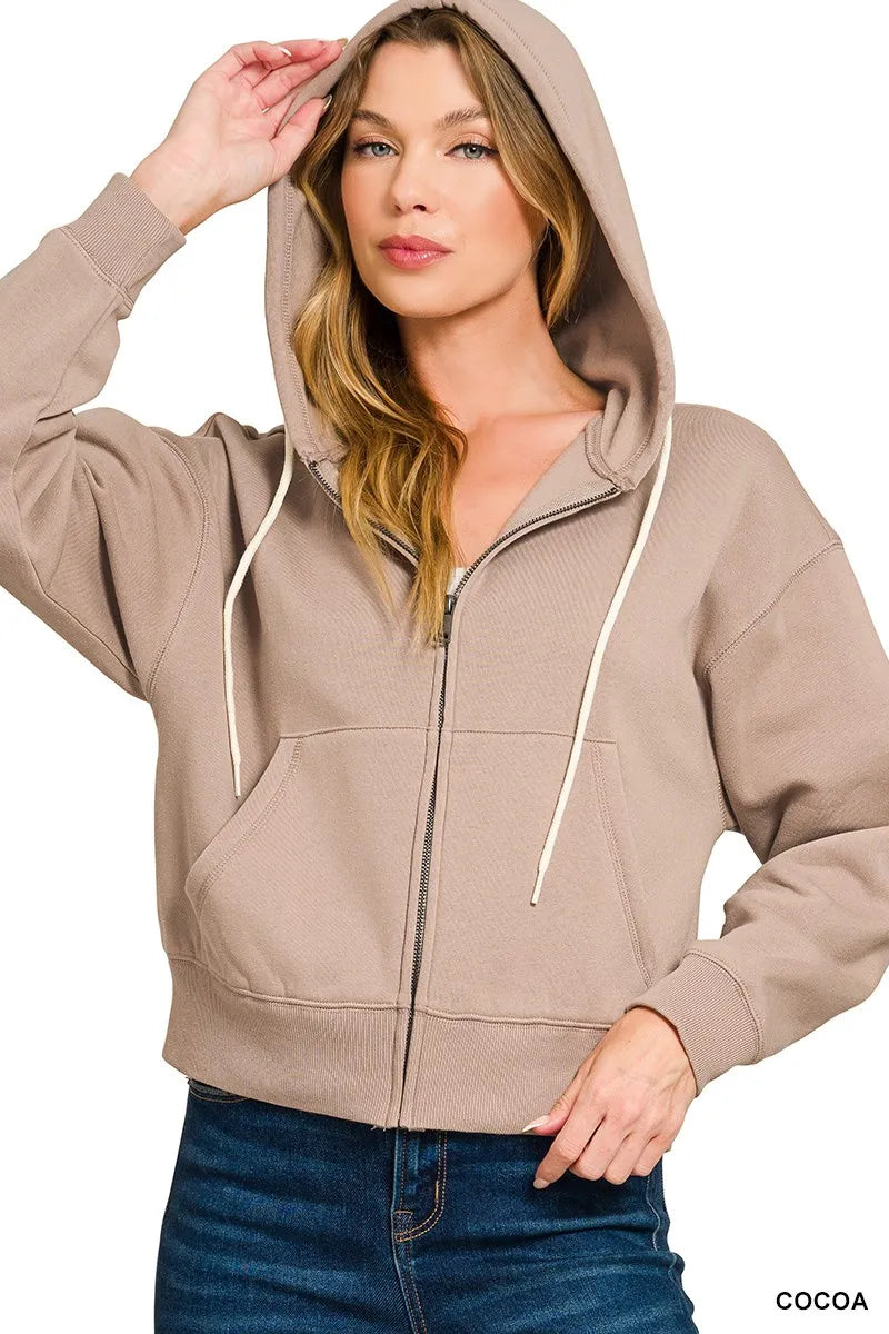 Zenana Cocoa Fleece Cropped Zip-up Hoodie with Pockets COCOA