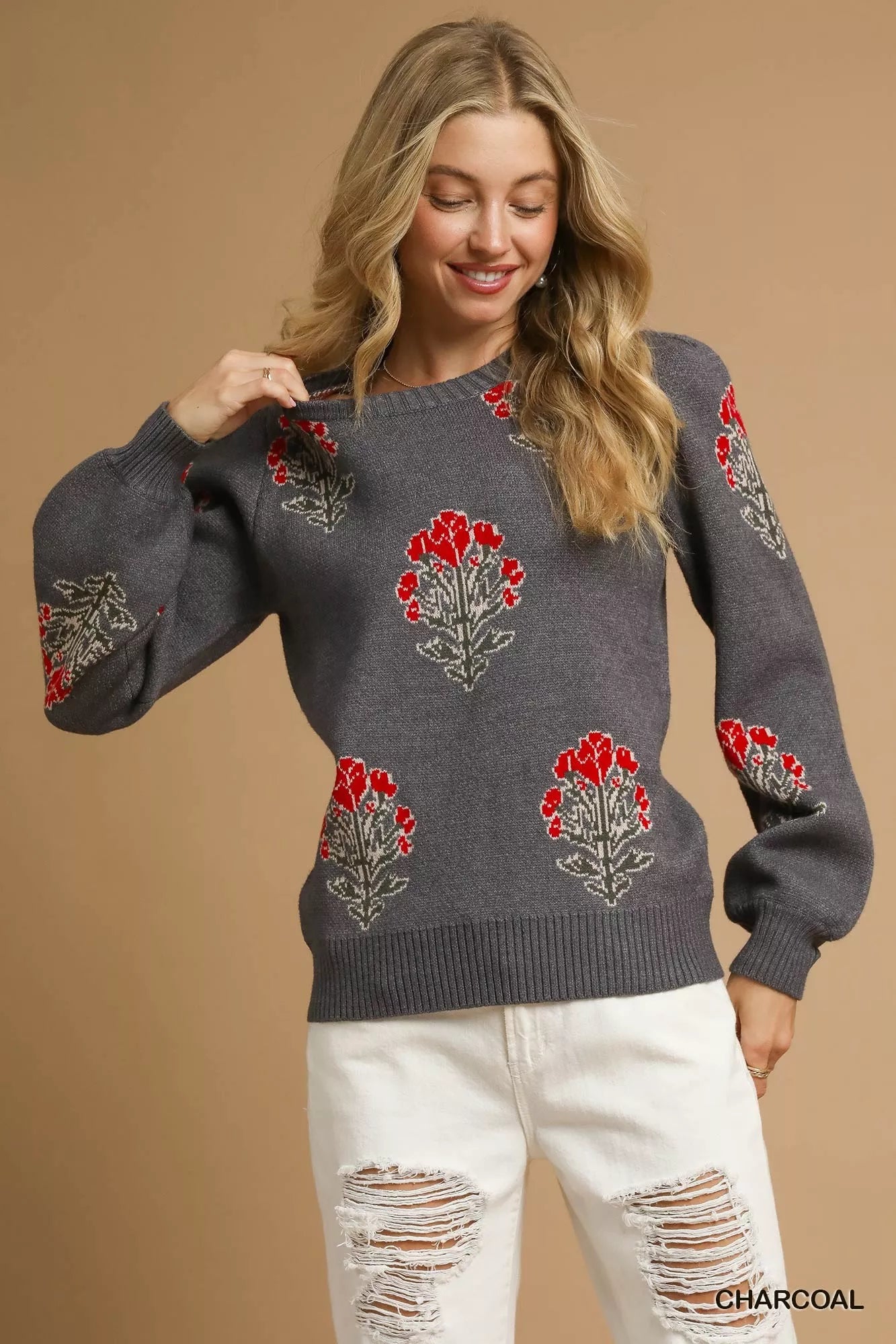 Umgee Charcoal Single Flower Stem Jacquard Sweater CHARCOAL