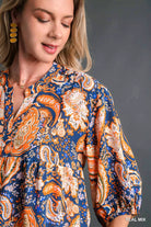 Umgee Teal Mix Paisley Boho Tunic Blouse