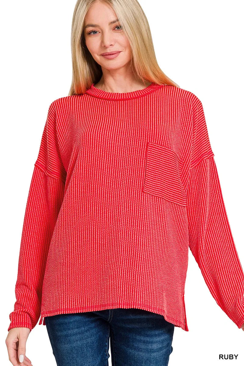 Zenana Ruby Long Sleeve Drop Shoulder Rib Top